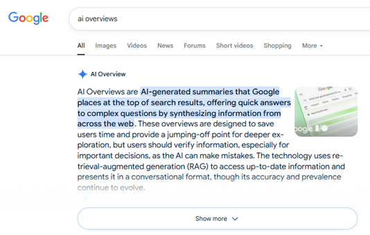 image shows an AI Over view in Google search result
