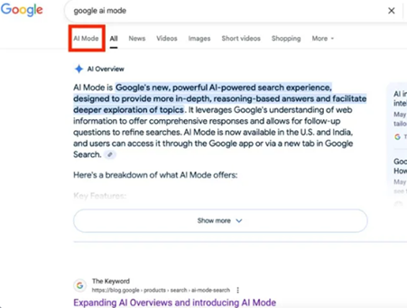 screenshot of navigating to Google's AI mode in SERPs