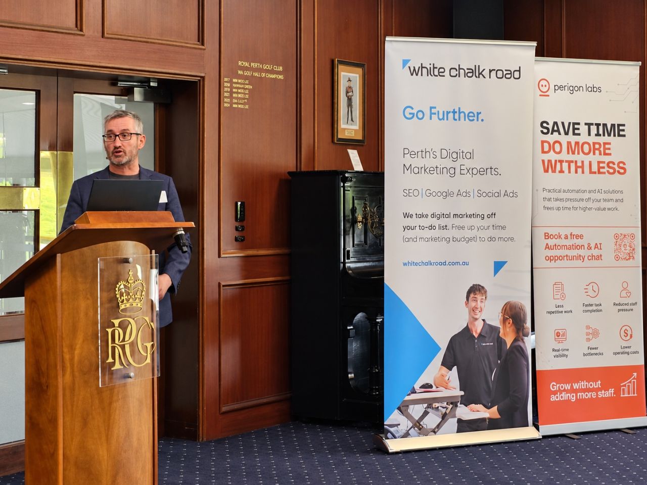 More Growth, Less Grind: How to attract & retain clients using AI search 5 Simon Peirce, CTO, Perigon Labs, presenting to business leaders at the Royal Perth Golf Club
