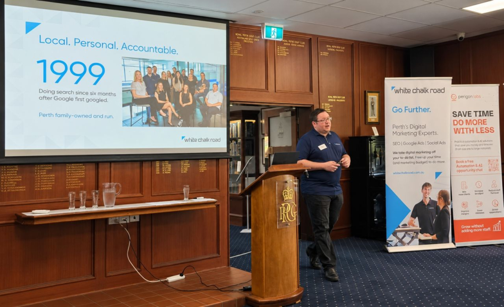 Alex Hamilton, Strategy Director, White Chalk Road, presenting in front of business owners at the Royal Perth Golf Club
