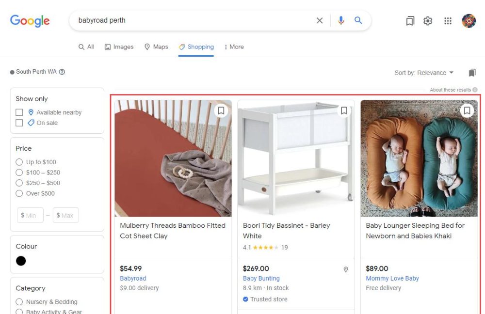 Google shopping tab results showing a Google Shopping Ads Campaign type.