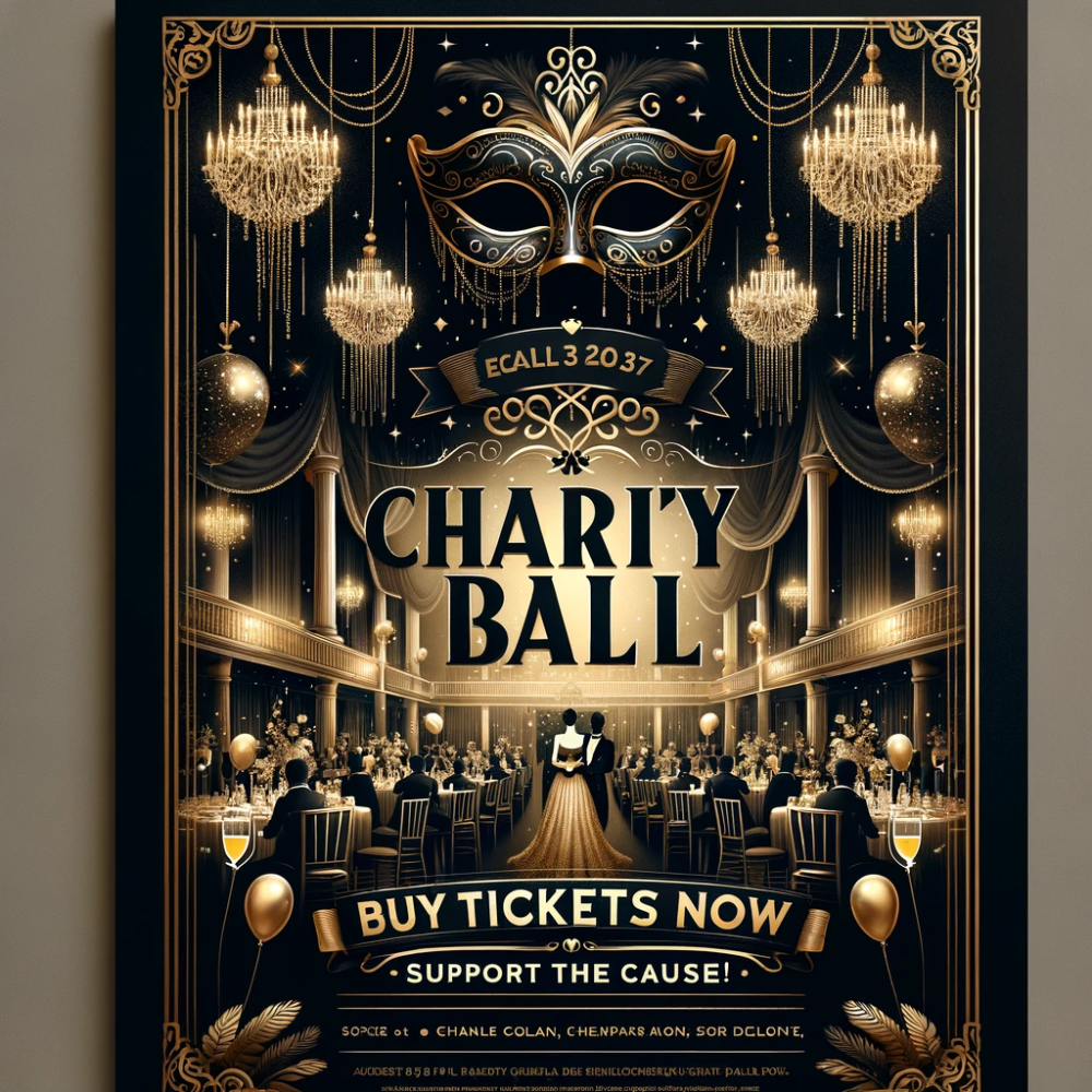 Mock charity ball poster with a call to action on it.