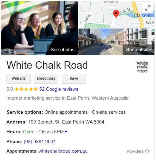 White Chalk Road's Google My Business listing.