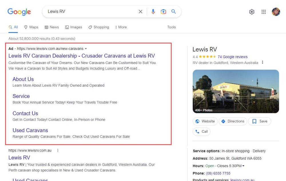 Google search results showing a Google Search Ads Campaign type.