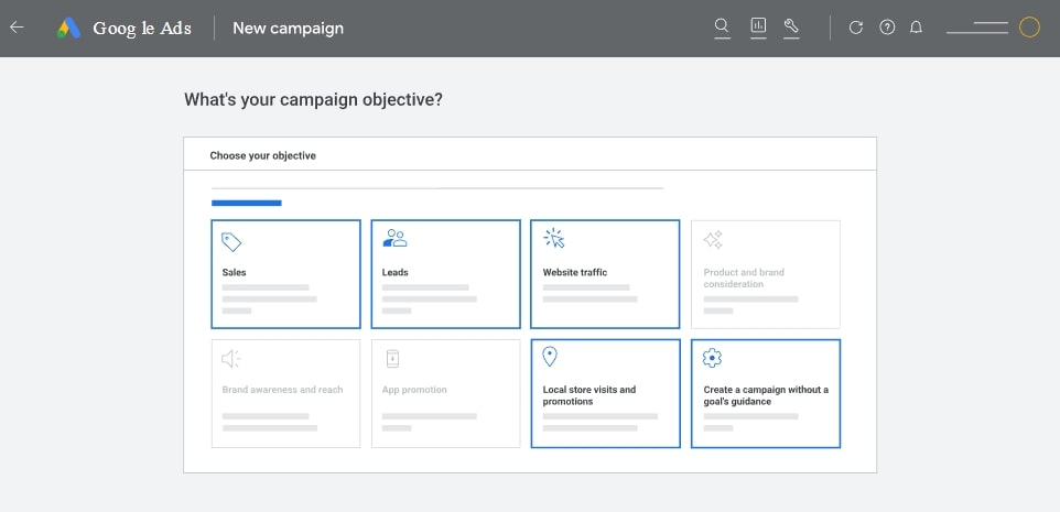 Performance Max Google Campaign type settings screen highlighting Sales, Leads, Website traffic, Local store visits and create a campaign without a goal’s guidance as options during setup