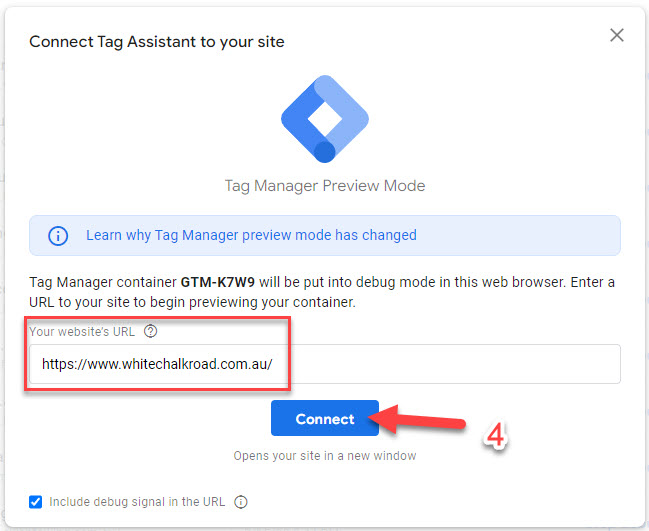 Connect preview mode in Google Tag Manager.