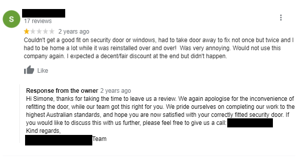 Example of how to respond to a negative Google My Business review.