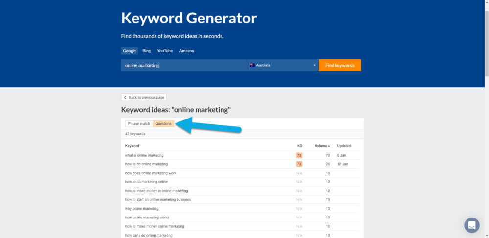 Question queries and search volume numbers in ahrefs Keyword Generator.